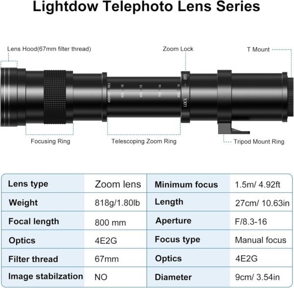 EF/EF-S 420-800mm F8.3 Telephoto Zoom Lens(MF) + T-Mount Adapter for Canon EOS Rebel T8i/T7i/T7/T6i/T5/T3i/T2i/XSi/SL3/SL2/T100/90D/80D/70D/50D/5D Mark IV/6D II/7D II/1D X III II-DSLR Cameras Lenses - Image 4