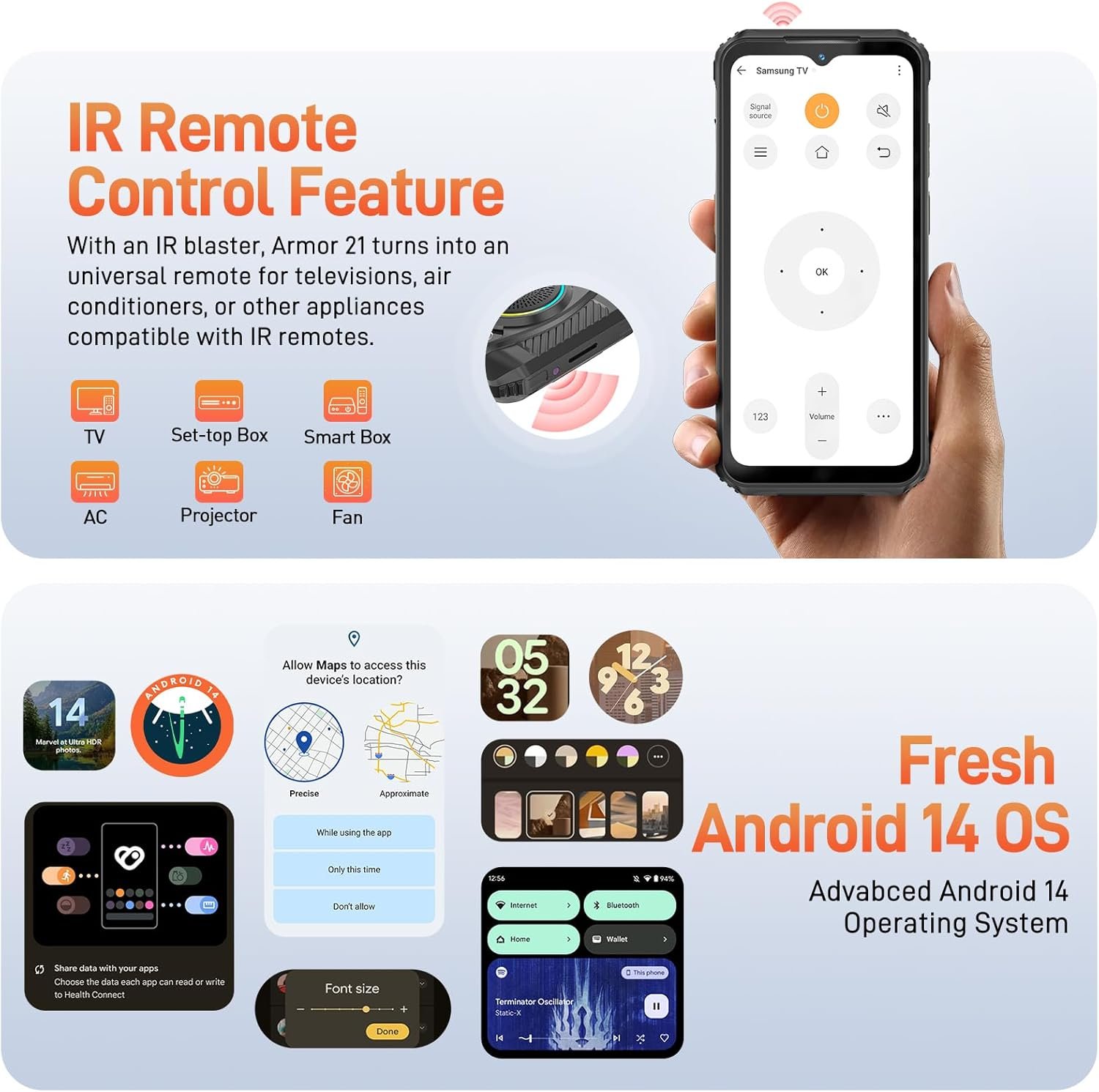 Ulefone Armor 21 16GB+256GB Rugged Smartphone, 122dB Loudest Speaker, MTK G99 Android 14 Unlocked Rugged Phone, 64MP Main Cam, 24MP Night Vision Cam, 6.58" FHD+ Screen, 9600mAh, IP68 Dual SIM 4G - Image 3