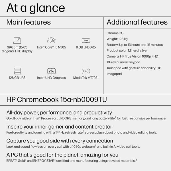 HP Chromebook 15a, 15.6-inch FHD Display, Intel Core i3-N305, 8GB RAM, 128GB UFS, Intel UHD Graphics, ChromeOS, Wi-Fi 6, Bluetooth 5.3, Numeric Keypad, Fast Charge, Mineral Silver, 9J6K2PA - Image 3