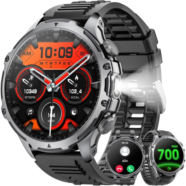 Mingtawn Military Smart Watch for Men (Answer/Make Call), 1,85" HD Touch Screen 700mAh Large Battery Fitness Watch with Flashlight/Sleep Monitor Fitness Tracker for iPhone & Android Black