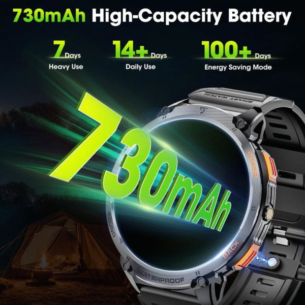 Military Smart Watches for Men, 1.85" HD Large Screen Smart Watch, Flashlight/730mAh/110+ Sports Modes Fitness Tracker Watch, Waterproof Mens Smart Watch for Android Phones iPhone Compatible - Image 7