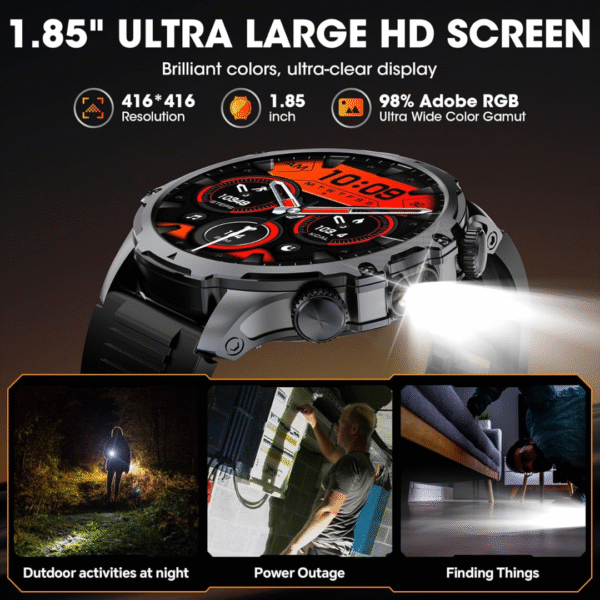 Mingtawn Military Smart Watch for Men (Answer/Make Call), 1,85" HD Touch Screen 700mAh Large Battery Fitness Watch with Flashlight/Sleep Monitor Fitness Tracker for iPhone & Android Black - Image 4