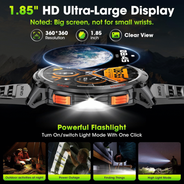 Military Smart Watches for Men, 1.85" HD Large Screen Smart Watch, Flashlight/730mAh/110+ Sports Modes Fitness Tracker Watch, Waterproof Mens Smart Watch for Android Phones iPhone Compatible - Image 2